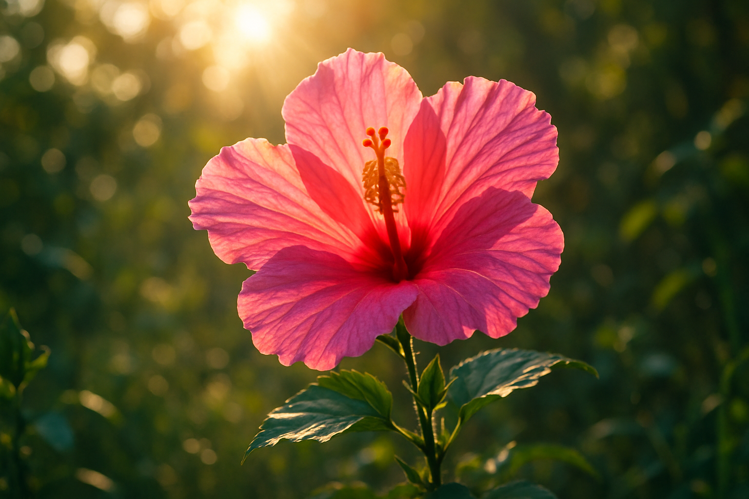 show a pink hibiscus in a natural setting with the sun shining through it's petals rendering them partially translucent.